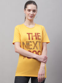 Mack Jonney Round Neck Cotton Printed Yellow T-Shirt for Women