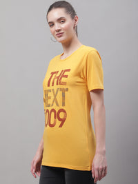 Mack Jonney Round Neck Cotton Printed Yellow T-Shirt for Women