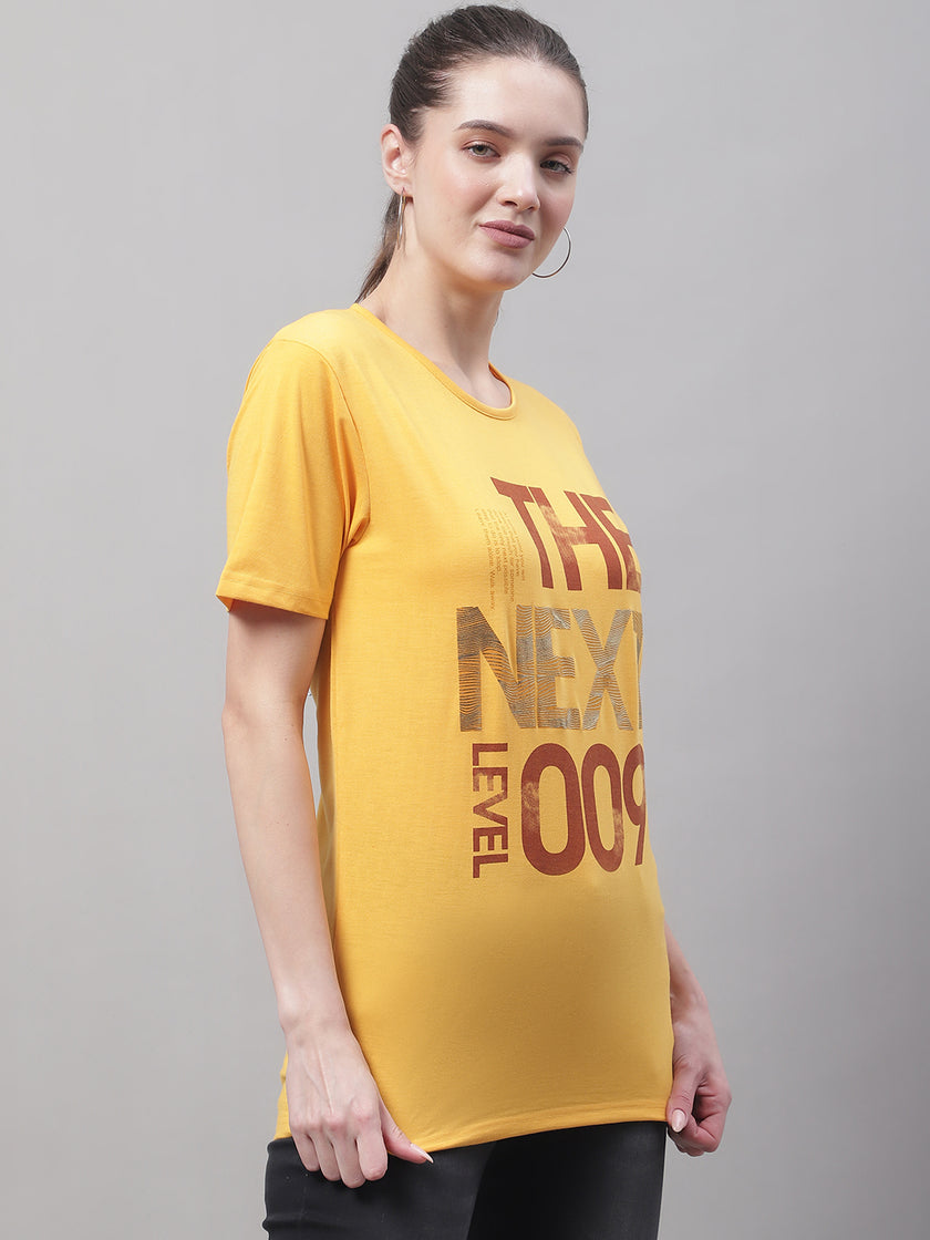 Mack Jonney Round Neck Cotton Printed Yellow T-Shirt for Women