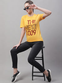 Mack Jonney Round Neck Cotton Printed Yellow T-Shirt for Women