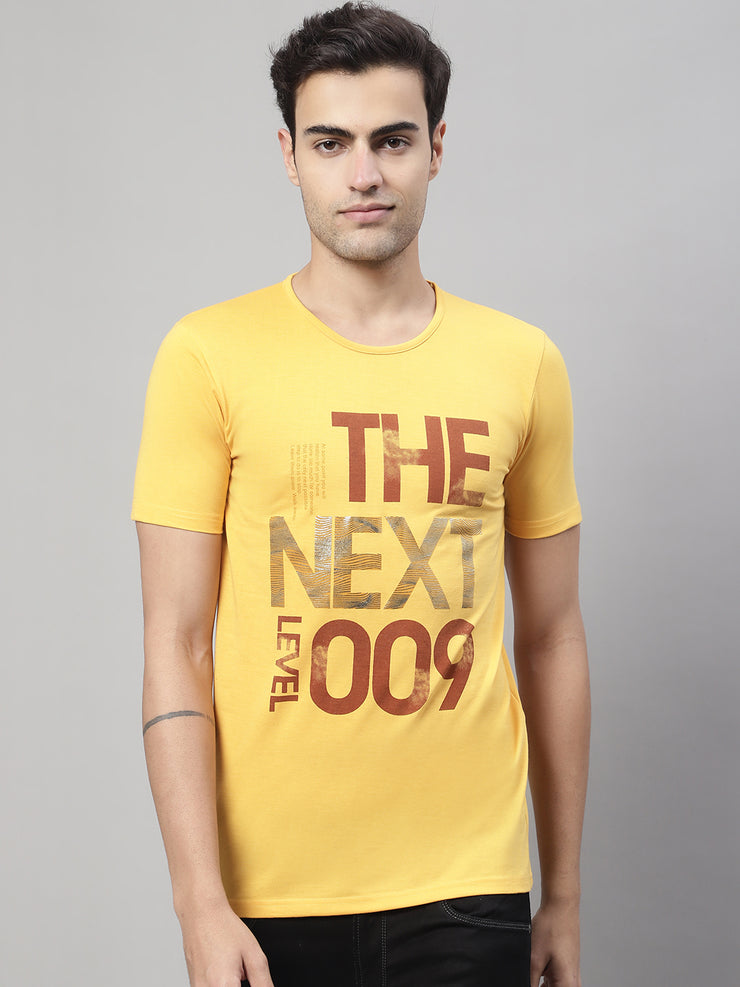 Mack Jonney Round Neck Cotton Printed Yellow T-Shirt for Men