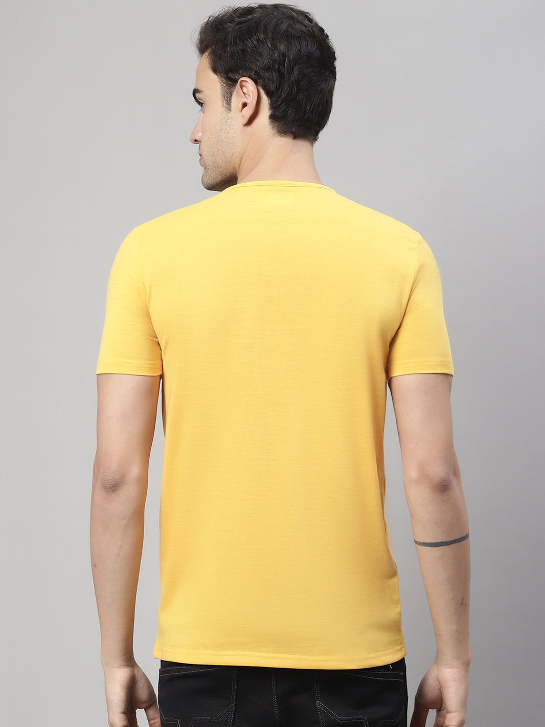 Mack Jonney Round Neck Cotton Printed Yellow T-Shirt for Men