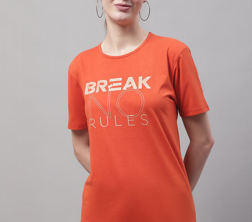 Mack Jonney Round Neck Cotton Printed Rust T-Shirt for Women