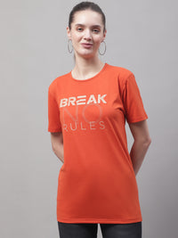 Mack Jonney Round Neck Cotton Printed Rust T-Shirt for Women