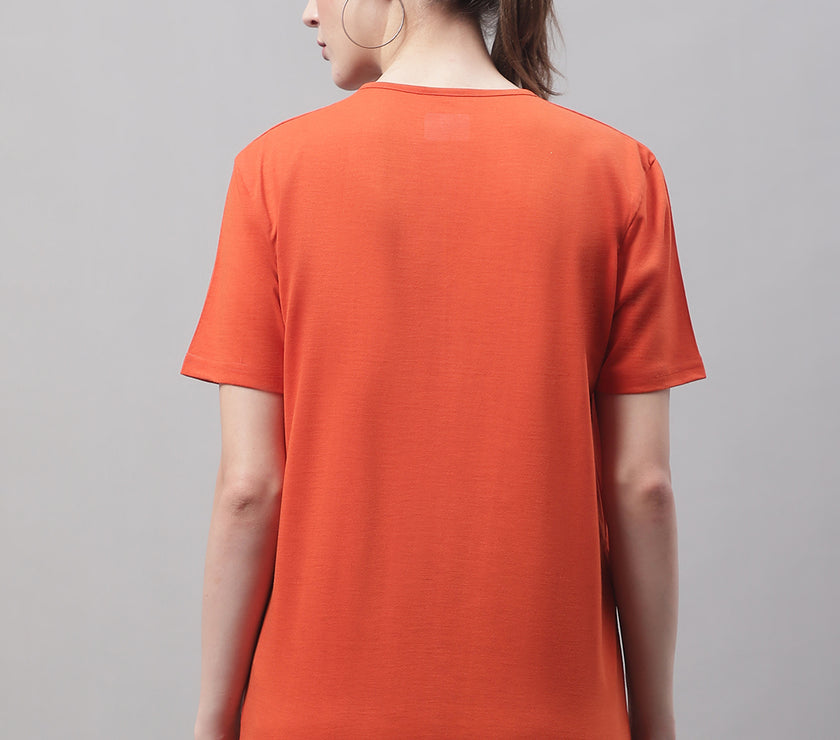 Mack Jonney Round Neck Cotton Printed Rust T-Shirt for Women
