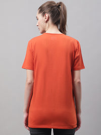 Mack Jonney Round Neck Cotton Printed Rust T-Shirt for Women