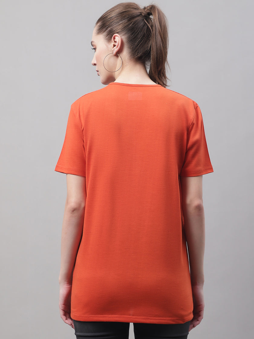 Mack Jonney Round Neck Cotton Printed Rust T-Shirt for Women