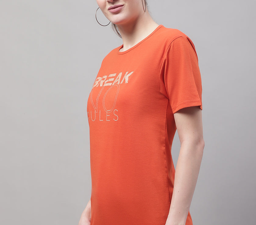 Mack Jonney Round Neck Cotton Printed Rust T-Shirt for Women