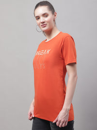 Mack Jonney Round Neck Cotton Printed Rust T-Shirt for Women