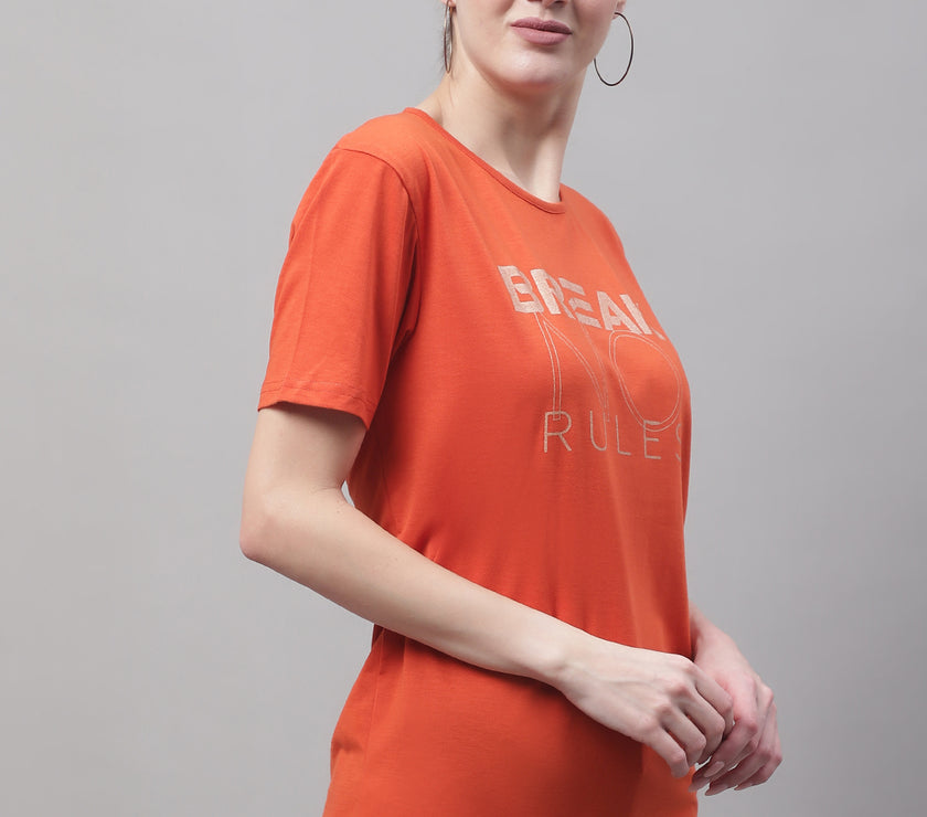 Mack Jonney Round Neck Cotton Printed Rust T-Shirt for Women