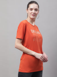 Mack Jonney Round Neck Cotton Printed Rust T-Shirt for Women