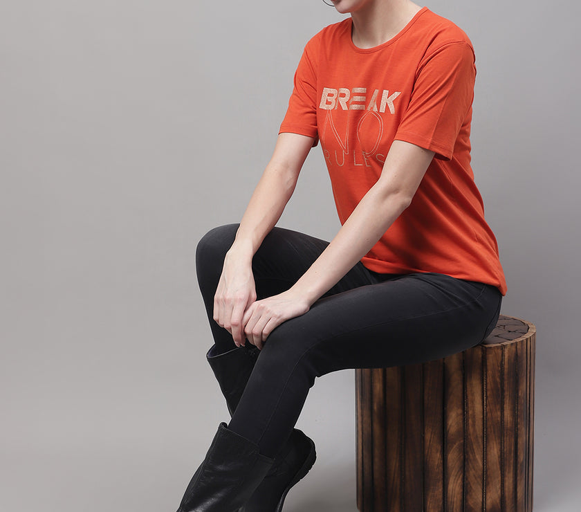 Mack Jonney Round Neck Cotton Printed Rust T-Shirt for Women
