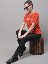 Mack Jonney Round Neck Cotton Printed Rust T-Shirt for Women