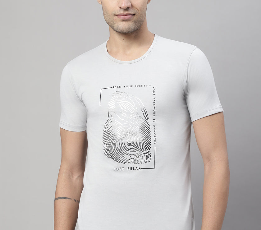 Mack Jonney Round Neck Cotton Printed Light Grey T-Shirt for Men