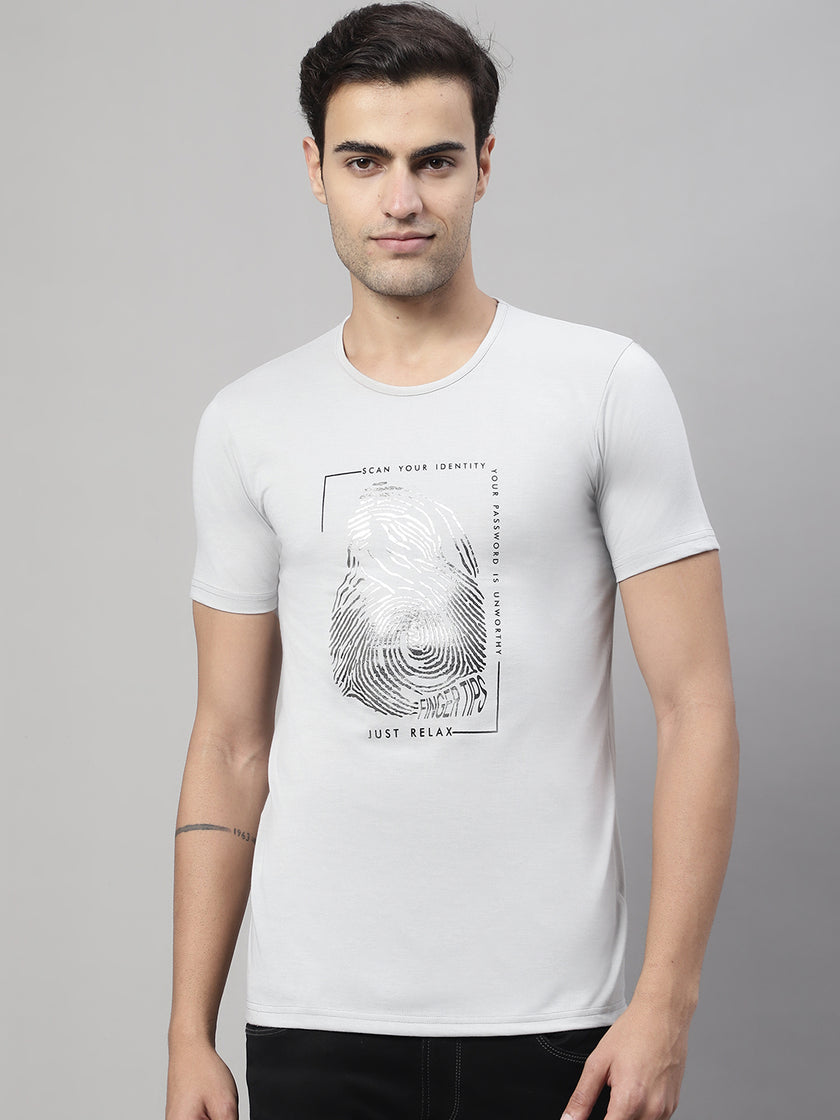 Mack Jonney Round Neck Cotton Printed Light Grey T-Shirt for Men