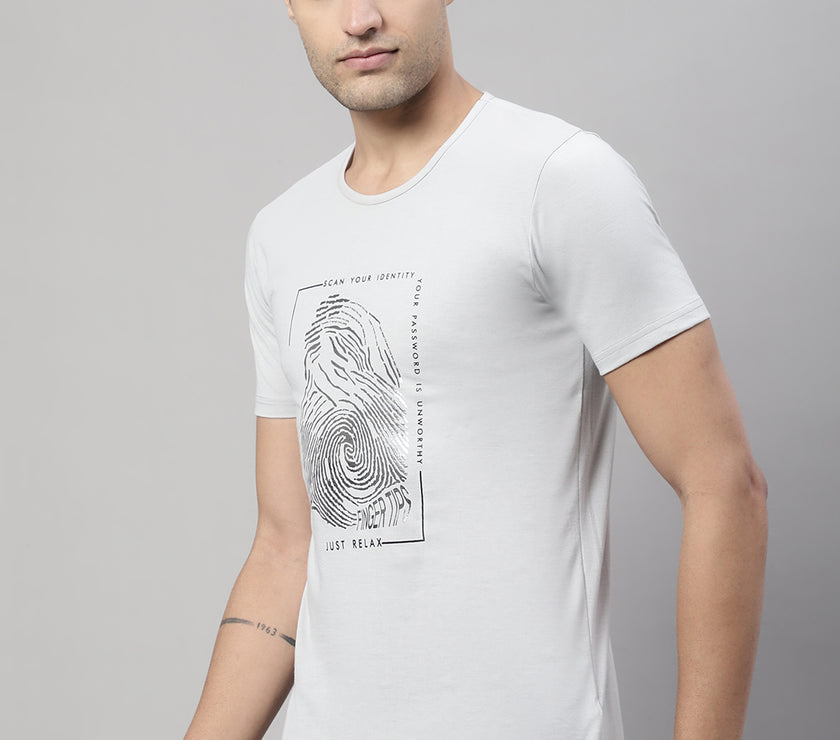 Mack Jonney Round Neck Cotton Printed Light Grey T-Shirt for Men