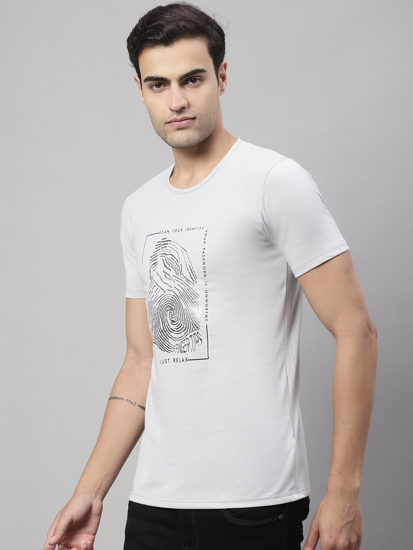 Mack Jonney Round Neck Cotton Printed Light Grey T-Shirt for Men