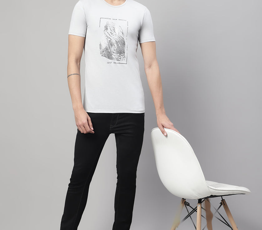 Mack Jonney Round Neck Cotton Printed Light Grey T-Shirt for Men