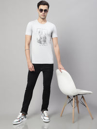 Mack Jonney Round Neck Cotton Printed Light Grey T-Shirt for Men