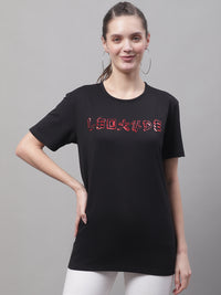 Mack Jonney Round Neck Cotton Printed Black T-Shirt for Women