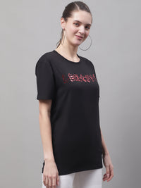 Mack Jonney Round Neck Cotton Printed Black T-Shirt for Women
