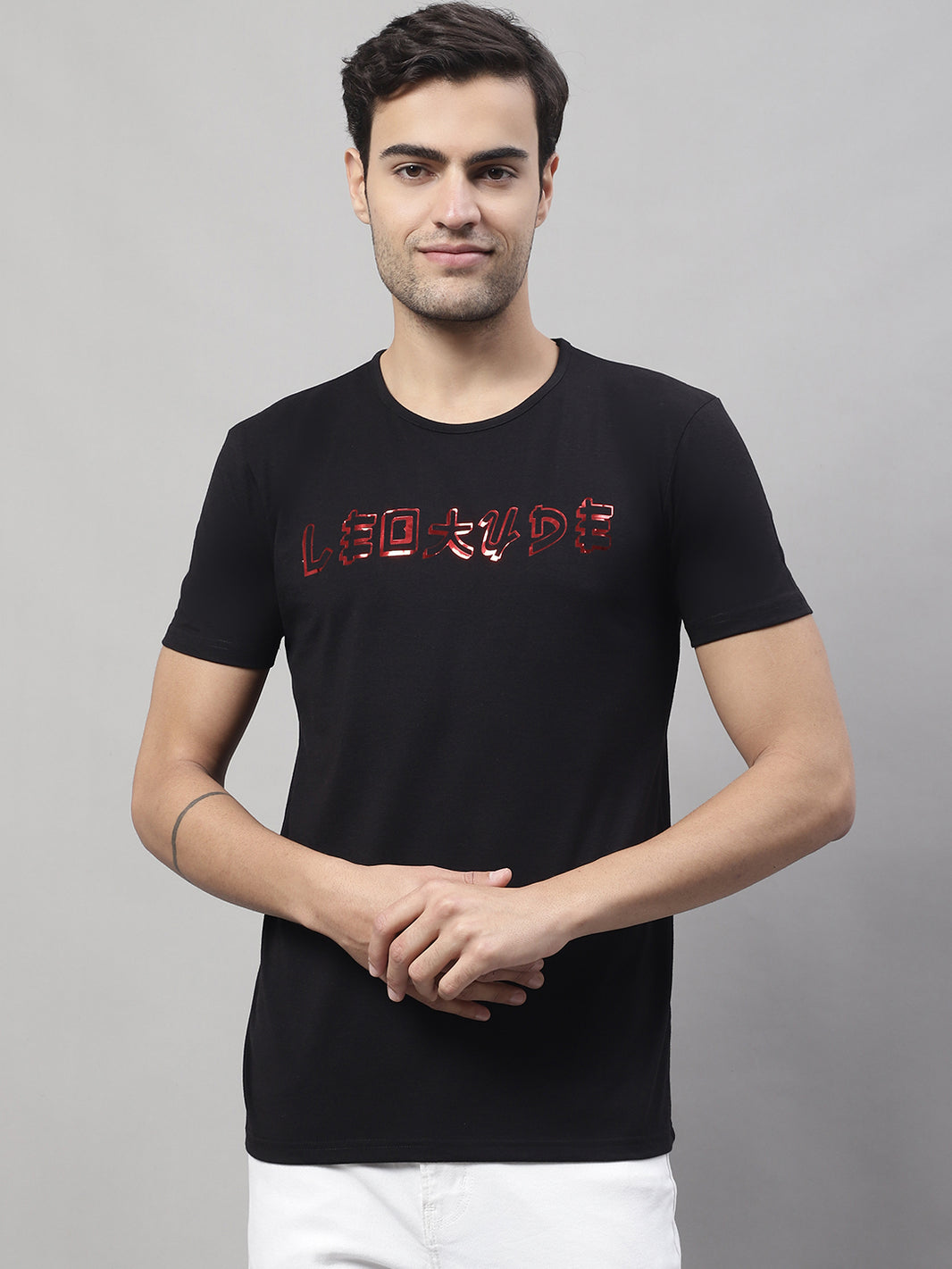 Mack Jonney Round Neck Cotton Printed Black T-Shirt for Men
