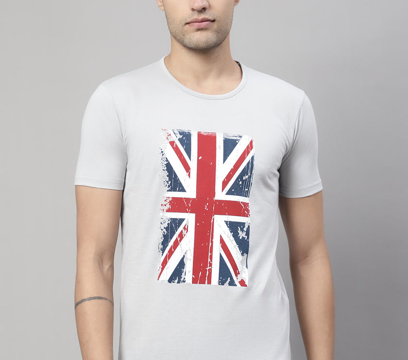 Mack Jonney Round Neck Cotton Printed Grey Melange T-Shirt for Men