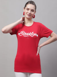 Mack Jonney Round Neck Cotton Printed Red T-Shirt for Women