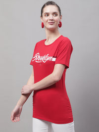 Mack Jonney Round Neck Cotton Printed Red T-Shirt for Women