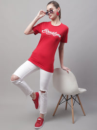 Mack Jonney Round Neck Cotton Printed Red T-Shirt for Women