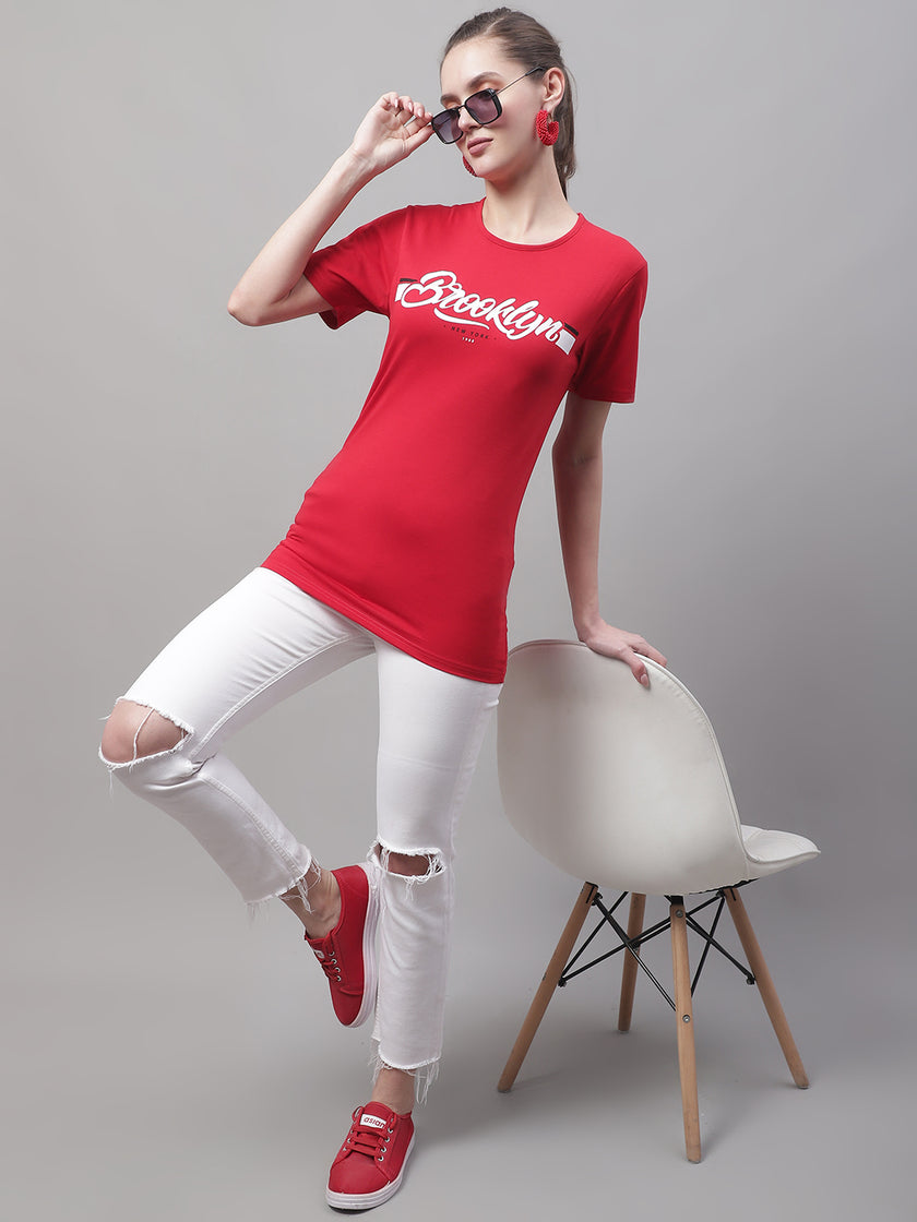 Mack Jonney Round Neck Cotton Printed Red T-Shirt for Women