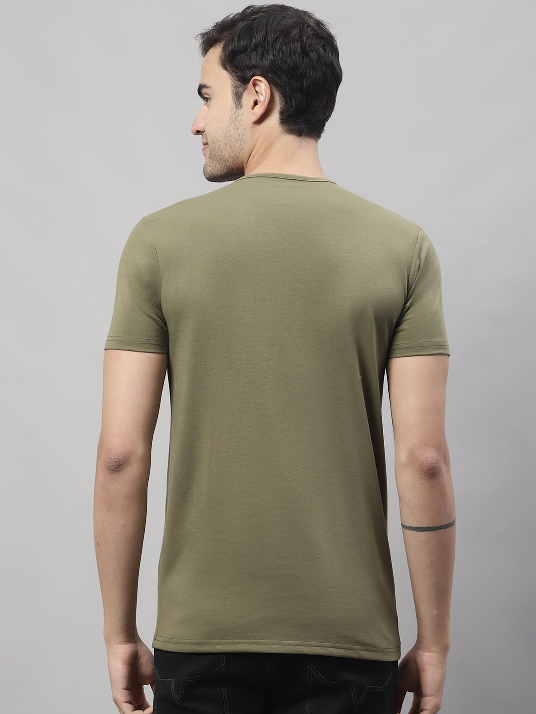 Mack Jonney Round Neck Cotton Printed Olive T-Shirt for Men