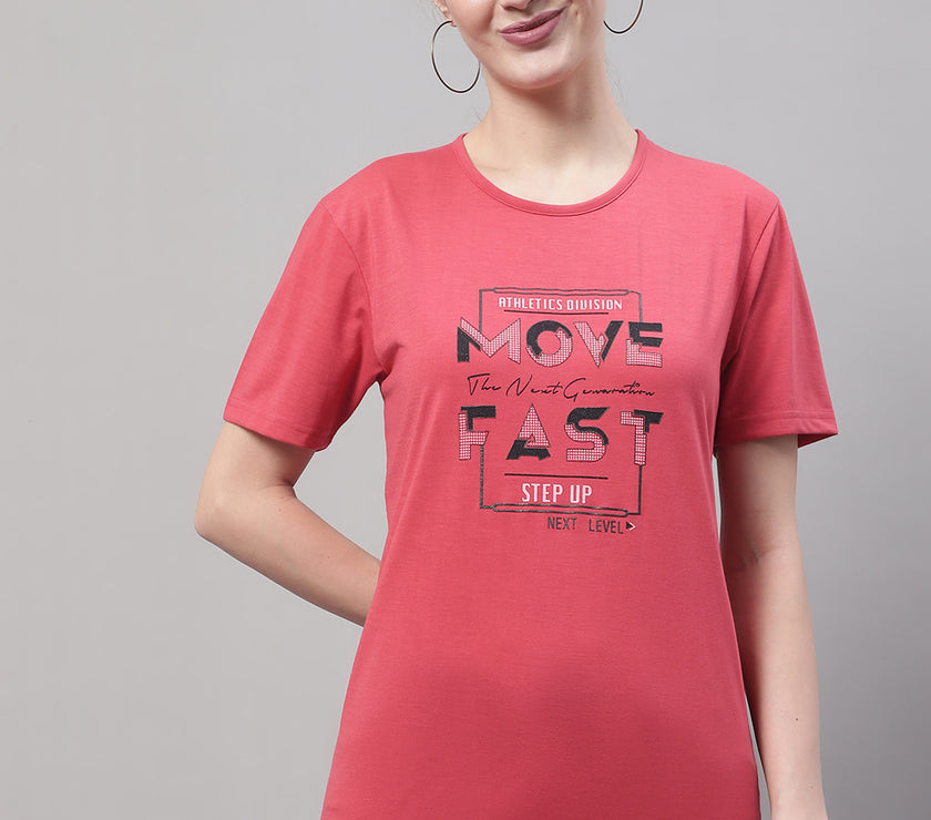 Mack Jonney Round Neck Cotton Printed Pink T-Shirt for Women