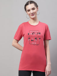 Mack Jonney Round Neck Cotton Printed Pink T-Shirt for Women