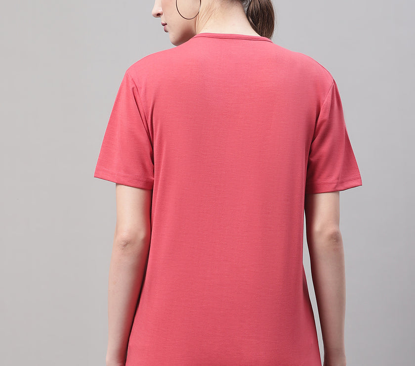 Mack Jonney Round Neck Cotton Printed Pink T-Shirt for Women