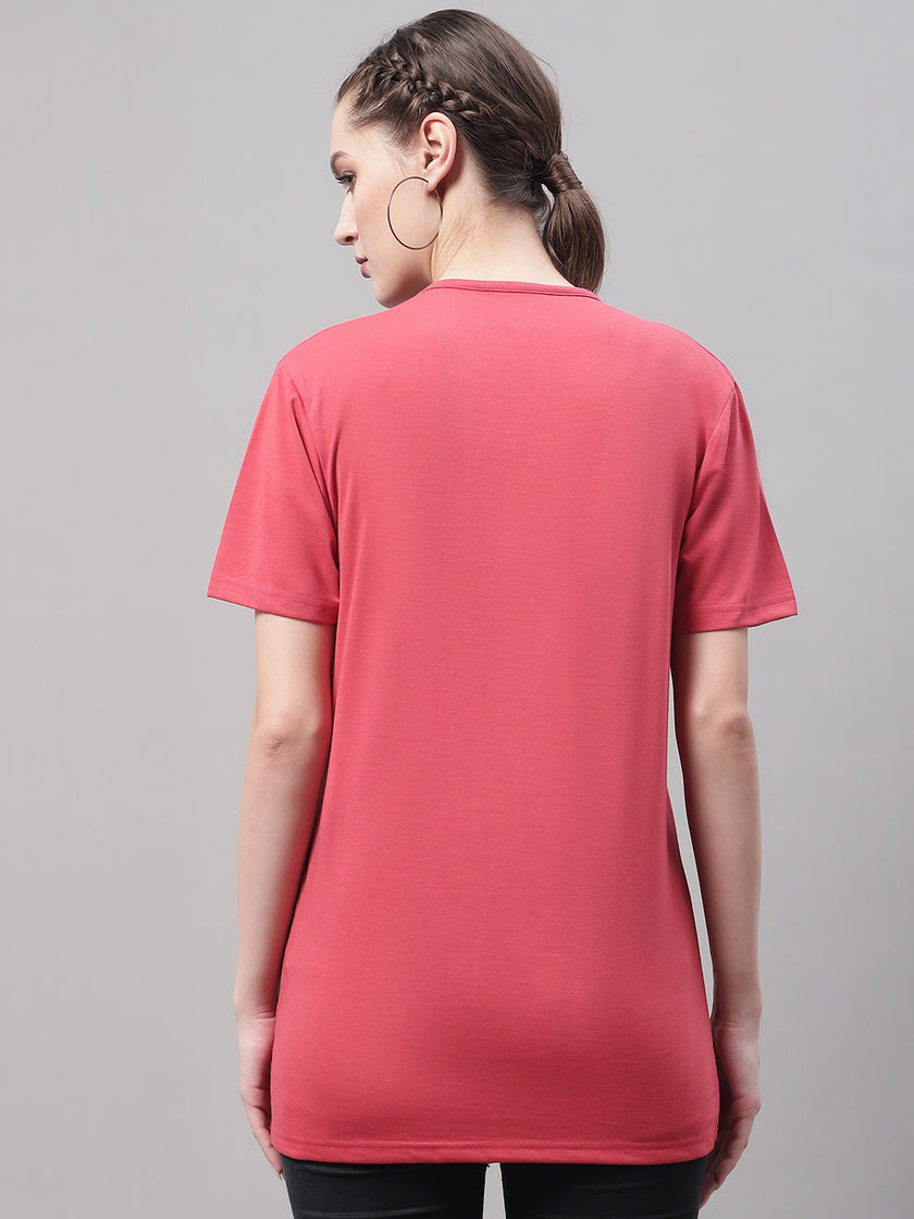 Mack Jonney Round Neck Cotton Printed Pink T-Shirt for Women