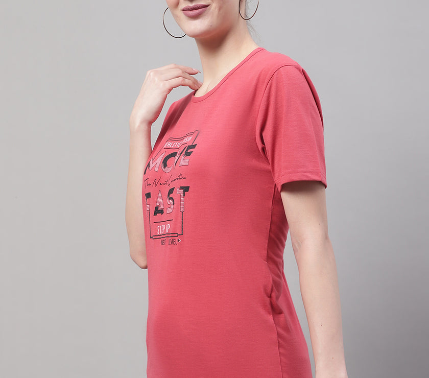 Mack Jonney Round Neck Cotton Printed Pink T-Shirt for Women
