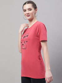 Mack Jonney Round Neck Cotton Printed Pink T-Shirt for Women