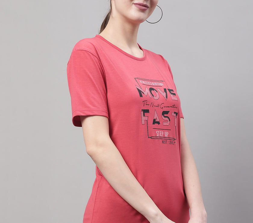 Mack Jonney Round Neck Cotton Printed Pink T-Shirt for Women