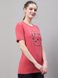 Mack Jonney Round Neck Cotton Printed Pink T-Shirt for Women