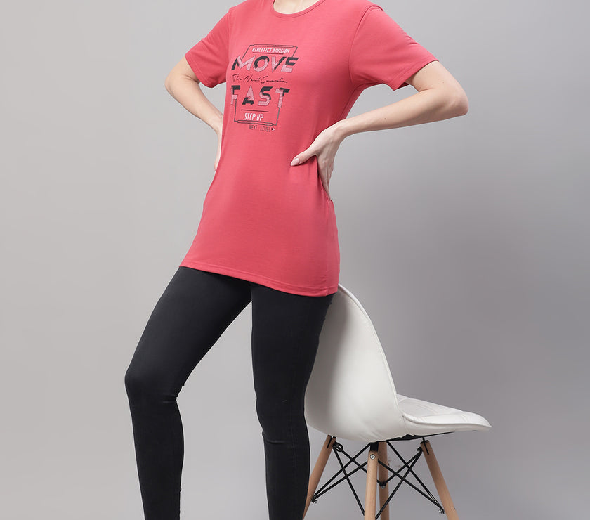 Mack Jonney Round Neck Cotton Printed Pink T-Shirt for Women