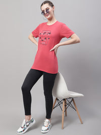 Mack Jonney Round Neck Cotton Printed Pink T-Shirt for Women