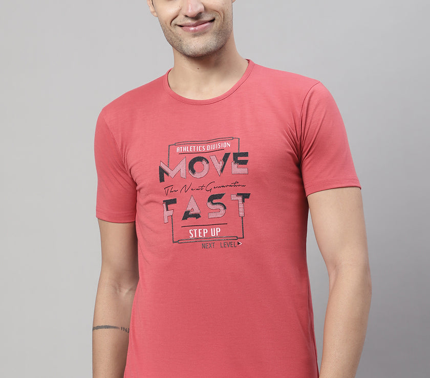 Mack Jonney Round Neck Cotton Printed Pink T-Shirt for Men