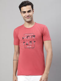 Mack Jonney Round Neck Cotton Printed Pink T-Shirt for Men