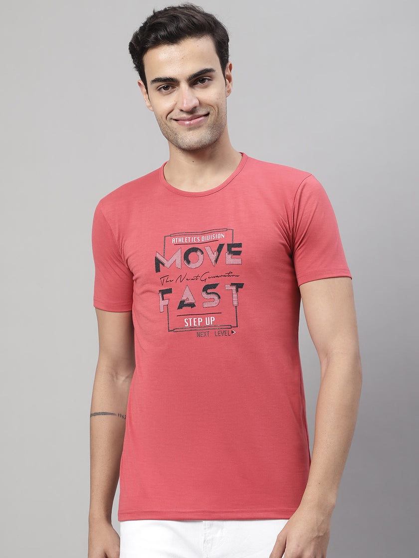 Mack Jonney Round Neck Cotton Printed Pink T-Shirt for Men