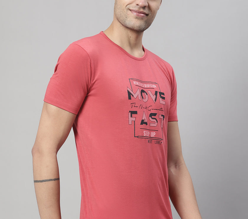 Mack Jonney Round Neck Cotton Printed Pink T-Shirt for Men