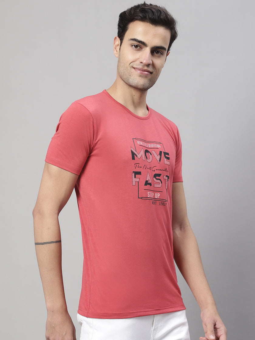 Mack Jonney Round Neck Cotton Printed Pink T-Shirt for Men
