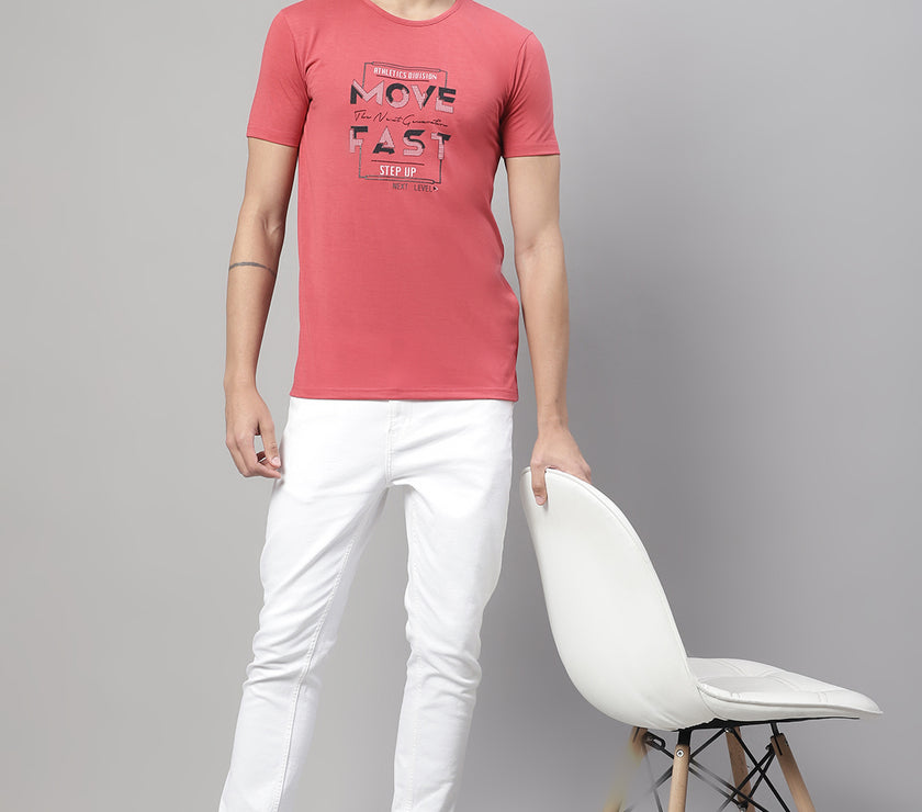 Mack Jonney Round Neck Cotton Printed Pink T-Shirt for Men