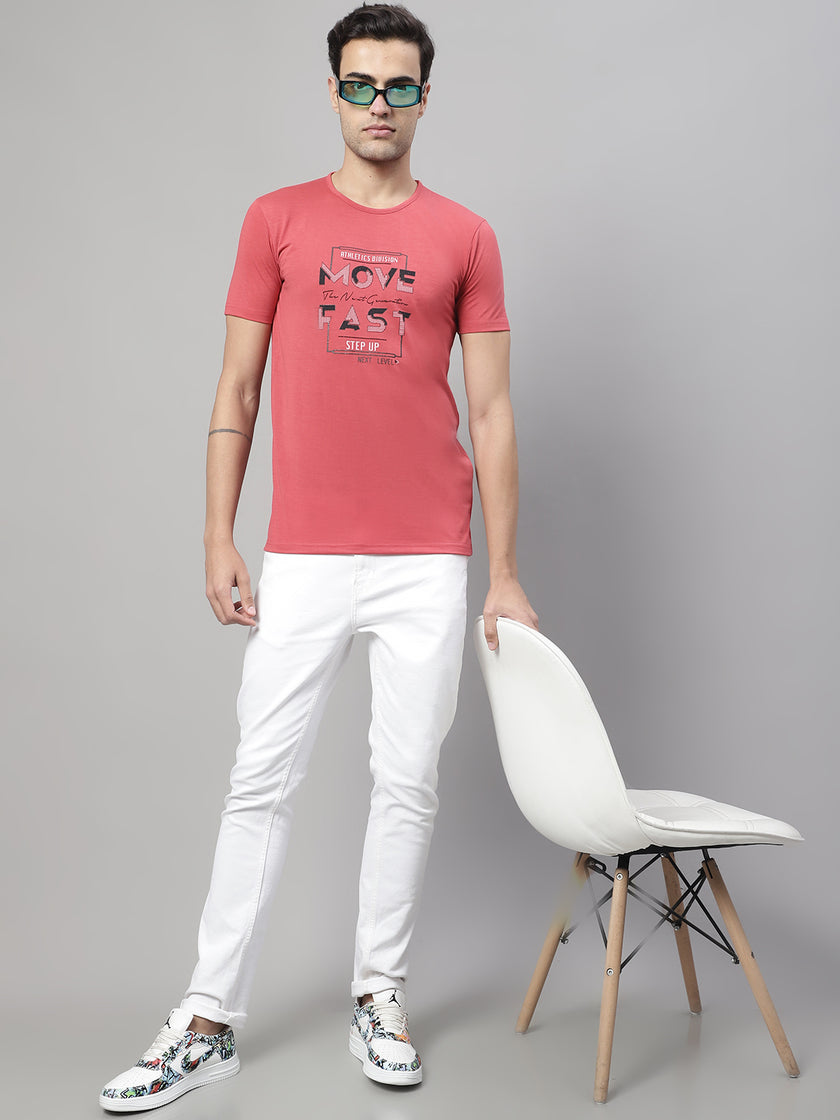 Mack Jonney Round Neck Cotton Printed Pink T-Shirt for Men