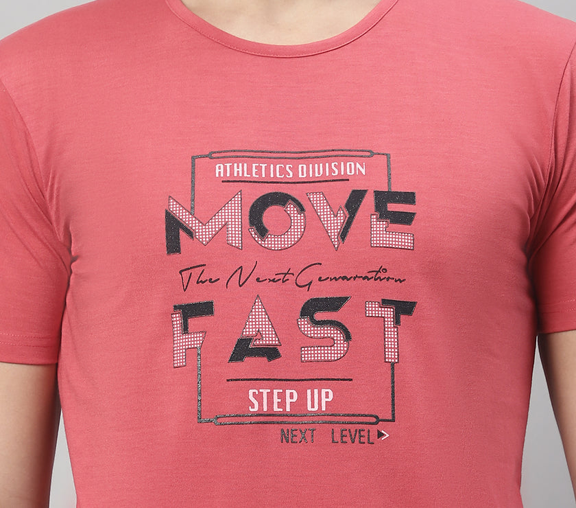 Mack Jonney Round Neck Cotton Printed Pink T-Shirt for Men